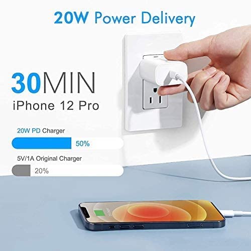Type C 20W Fast PD/Type C Adapter Charger with Lightning Cable, Fast Charging Compatible for iPhone 12/12 Pro/12 Mini/12 Pro Max/11/XS/XR/X/8/Plus, iPad Pro/Air/Mini, White