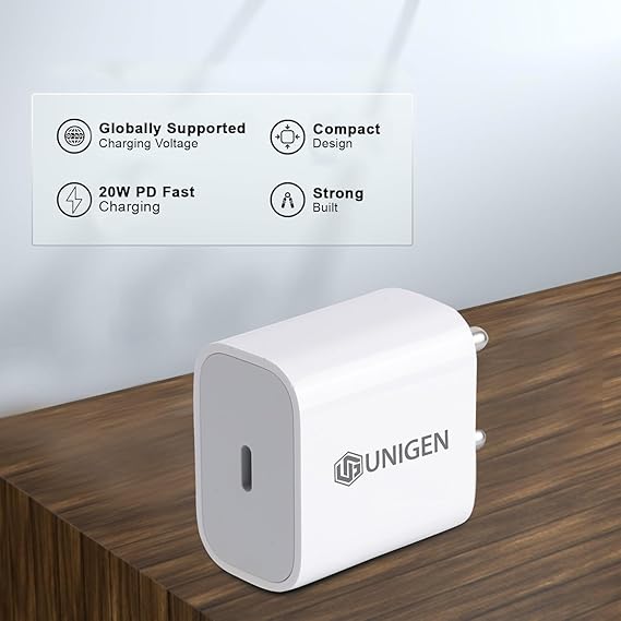 UNIGEN® 20W USB-C PD Fast Charging Adapter Power Brick Compatible with iPhone 16/15/14/13/12/11/X iPad & Android Type-c Enabled Smartphones-White